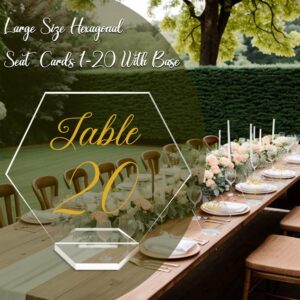 OurWarm Large Acrylic Wedding Table Numbers 1-20, Elegant Gold Printed Calligraphy Place Cards with Stand, Hexagon Multi-functional Clear Acrylic Sign and Holder, Ideal for Wedding Reception Events