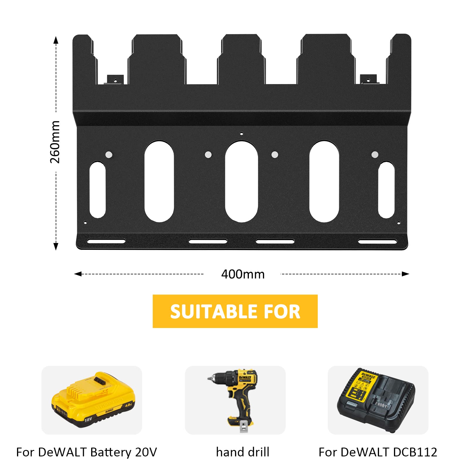 Riuog Wall Mount Bracket for DeWalt Battery and DCB112 Charger, Metal Black Rugged 4 Battery Holder and Charger Holder for Tool Room and Garage