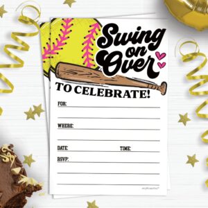 Softball Invitations With Envelopes (20 Count) - Softball Player Birthday or Team Event Invites - Swing On Over