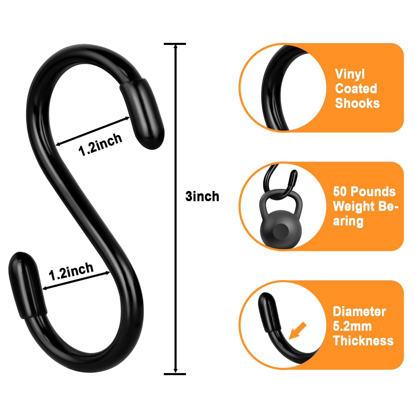 12 Pack S Hooks for Hanging, 3 Inch Vinyl Coated S Hooks Heavy Duty, Steel Metal Black Rubber Coated Closet S Hooks for Hanging Plants Basket Jeans Clothes Bags Jewelry Towels Pot Pan Cups