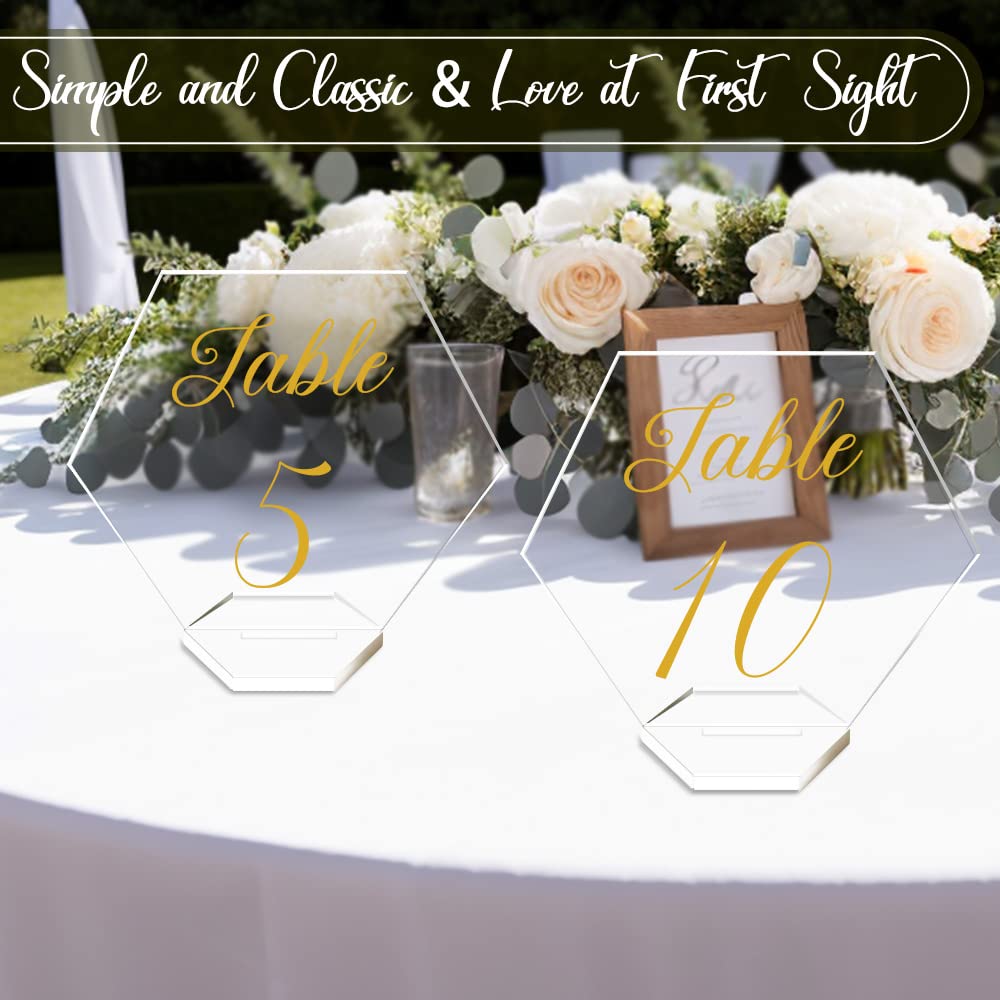 OurWarm Large Acrylic Wedding Table Numbers 1-20, Elegant Gold Printed Calligraphy Place Cards with Stand, Hexagon Multi-functional Clear Acrylic Sign and Holder, Ideal for Wedding Reception Events