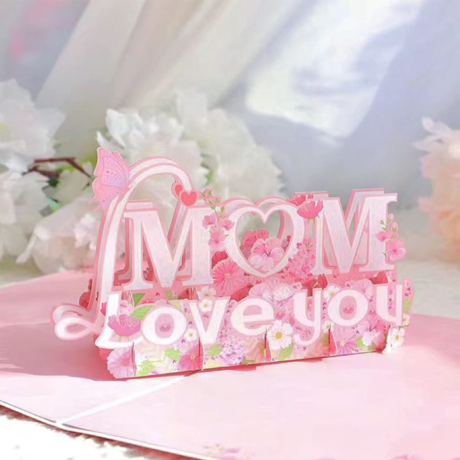 Wazoci Happy Mothers Day Pop Up Card with Envelope, Mother's Day Card for Mom, Happy Birthday Mom Card, 3d Love You Mom Card for Wife, Grandma, Her, Daughter (Pink)