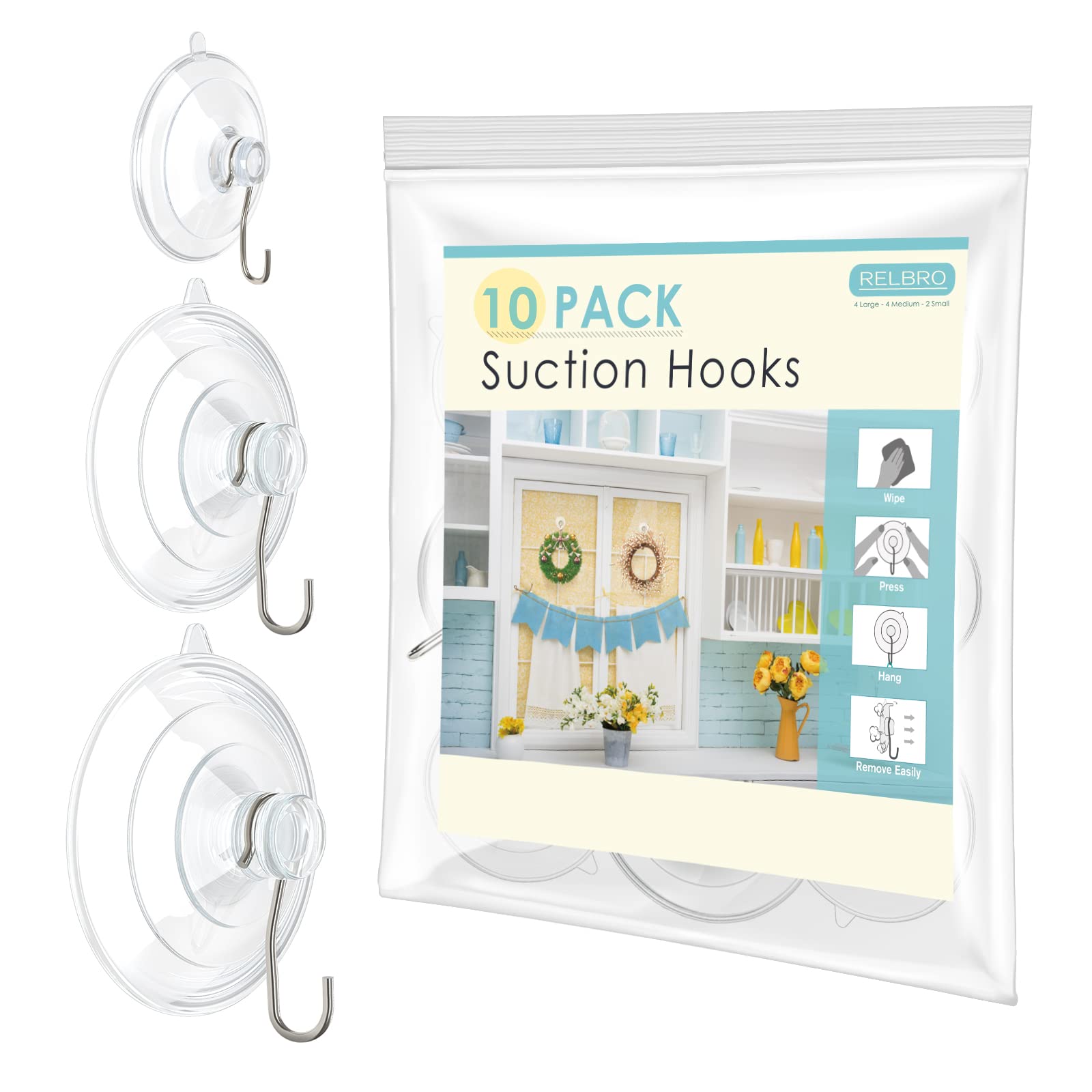 RELBRO Suction Cup Hooks, 10 Pcs Clear Suction Cups with Metal Hooks Combo Set Removable Shower Window Glass Door Suction Cup Hangers for Bathroom Kitchen Wreath - 4 Large 4 Medium 2 Small