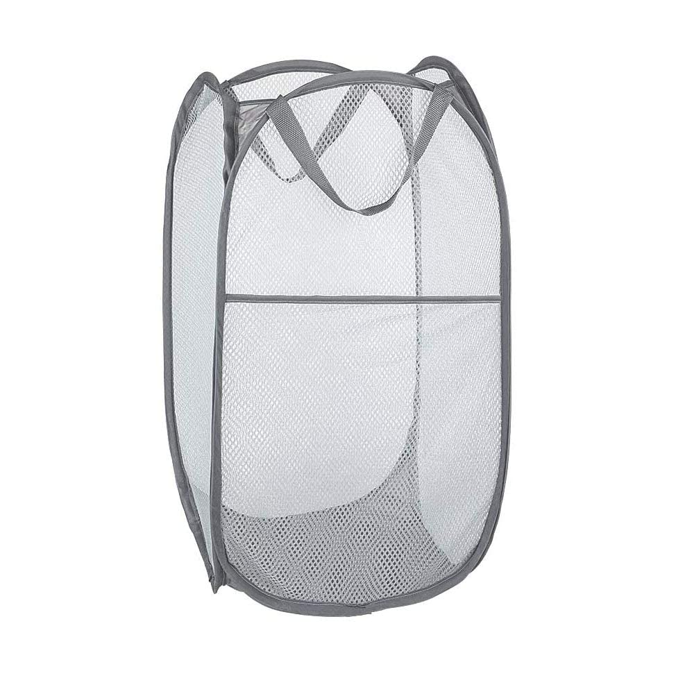 Portable Mesh Popup Laundry Hamper with Durable Handles, Folding Pop-Up Clothes Hampers Collapsible for Storage, Travel Cloth Basket Great for Home Kids Room, College Dorm, Travel (Grey)