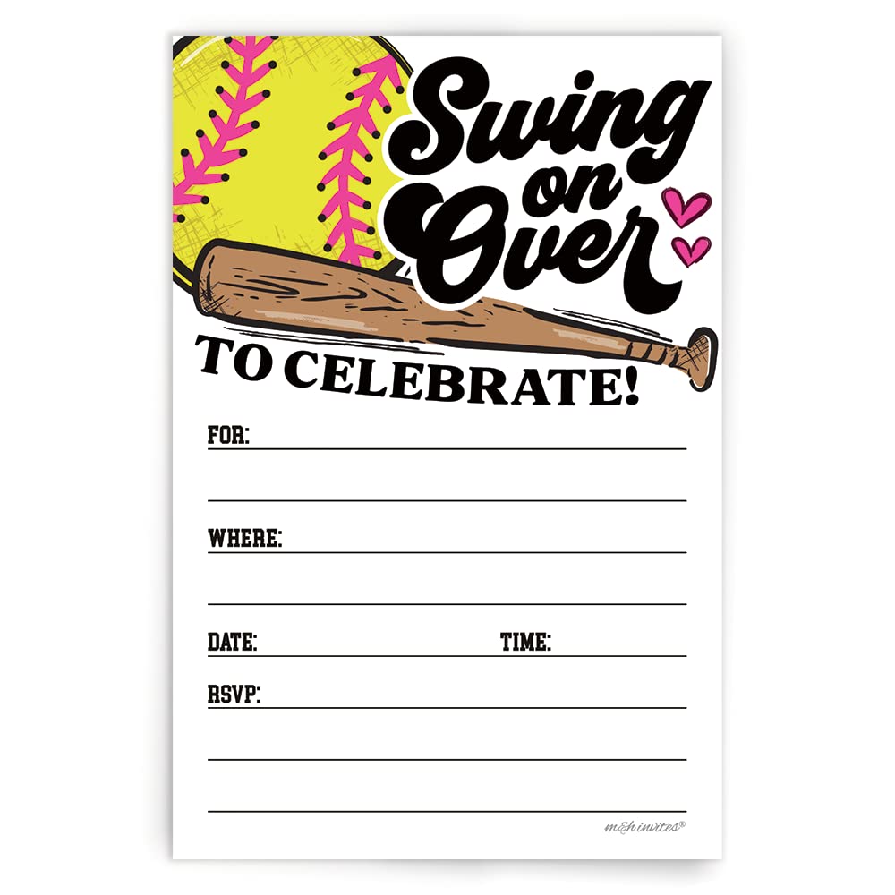 Softball Invitations With Envelopes (20 Count) - Softball Player Birthday or Team Event Invites - Swing On Over