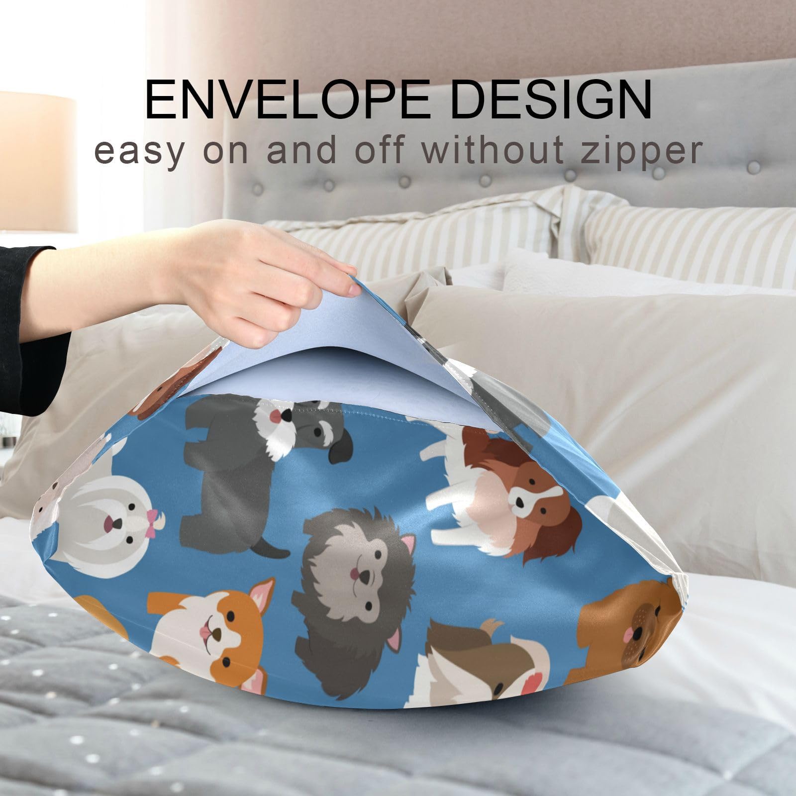 Cute Dogs Pillow Covers Silk Pillowcase for Hair and Skin Breathable & Silky Soft Satin Pillowcase Standard Size Pillow Case for Bed Bedroom Women Boys Girls (20x26 Inch)