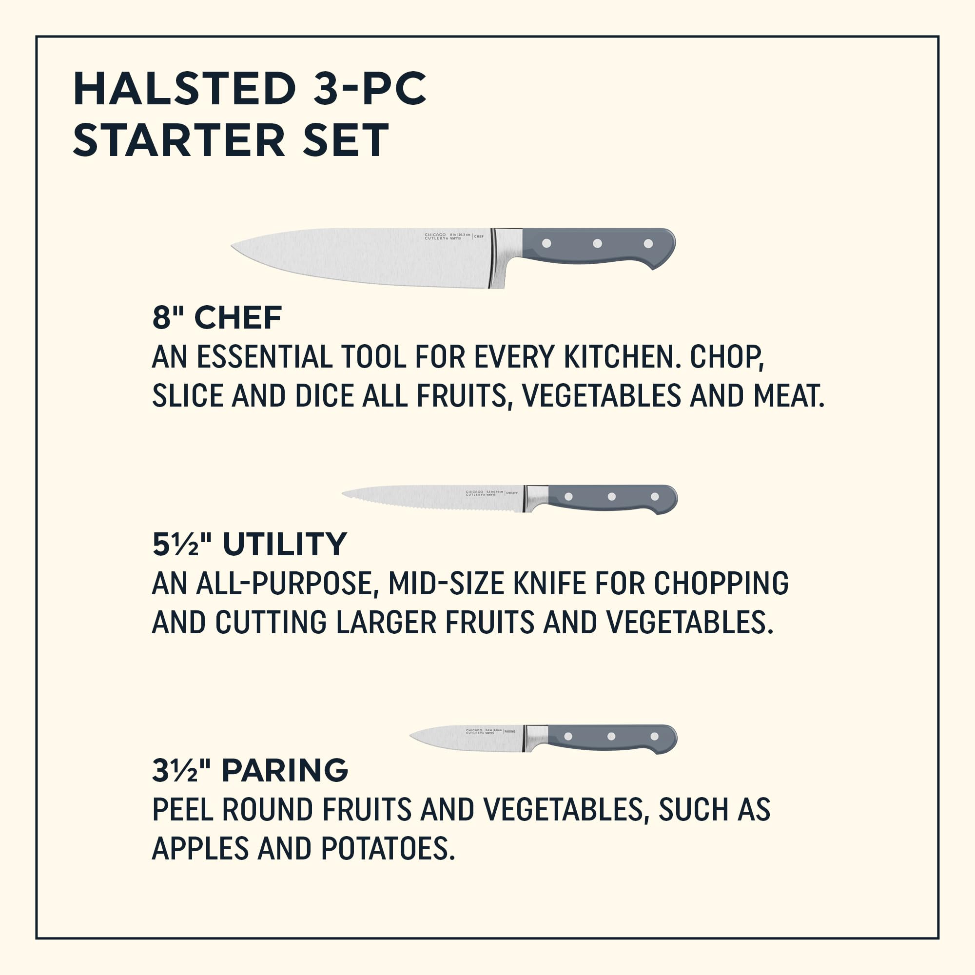 Chicago Cutlery Halsted (3-PC) Cutlery, Ergonomic Handles and Sharp Stainless Steel Professional Chef Cutlery Set