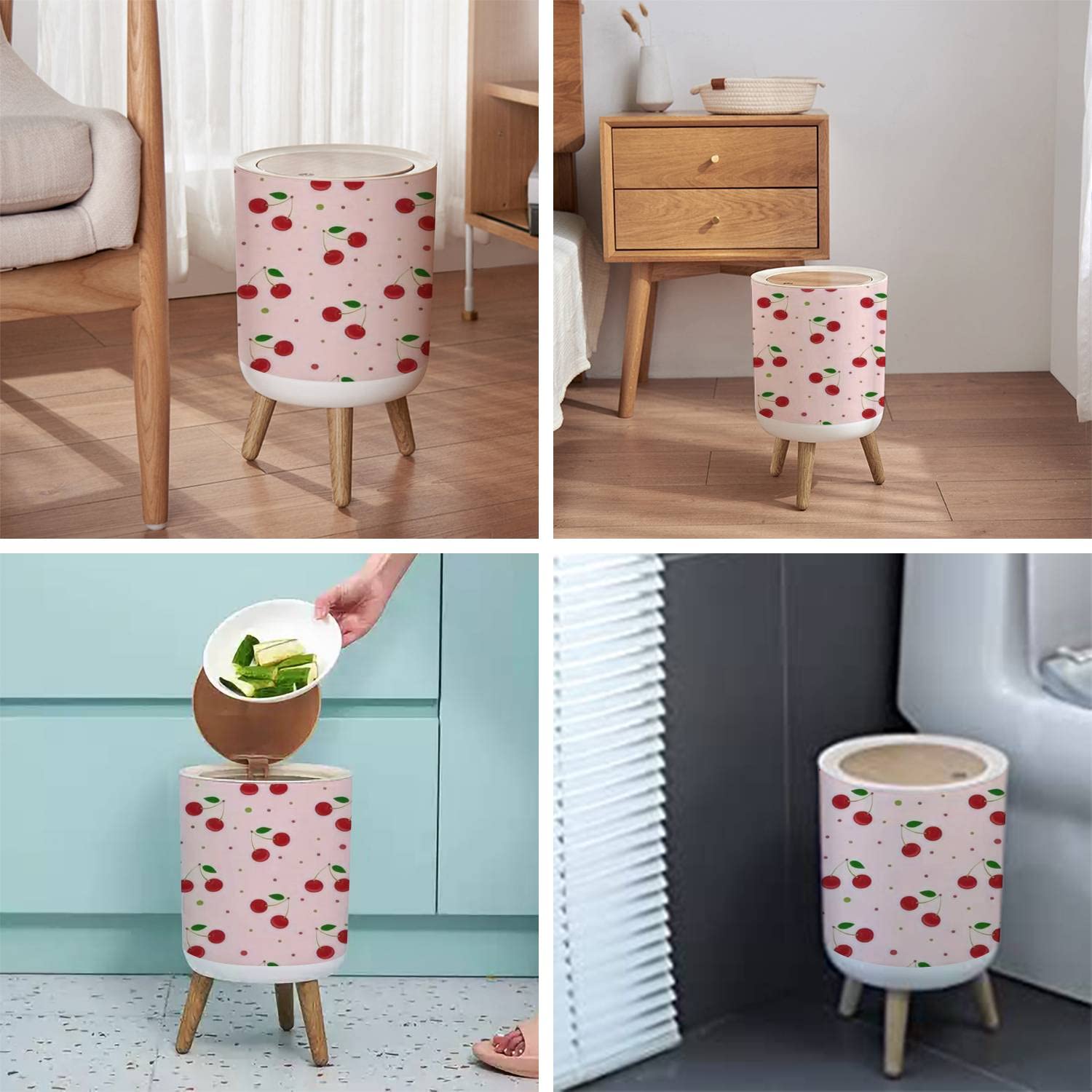 Small Trash Can with Lid for Bathroom Kitchen Office Diaper Seamless red cherries a green leaf Pink dots Summer cherry berries Bedroom Garbage Trash Bin Dog Proof Waste Basket Cute Decorative