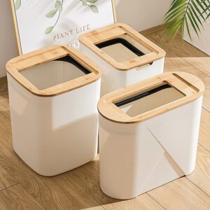 DoxiGlobal Slim Plastic Trash Can with Wood Lid Wastebasket Waste Bin Little Garbage Container Bin White for Home Office Bathroom Kitchen Living Room (Rectangle-3.4Gal)