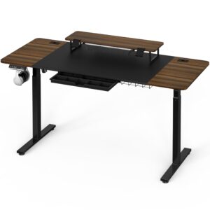 shw 62-inch extra large electric height adjustable standing desk with monitor riser and drawer, 62 x 28 inches, walnut