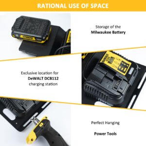 Riuog Wall Mount Bracket for DeWalt Battery and DCB112 Charger, Metal Black Rugged 4 Battery Holder and Charger Holder for Tool Room and Garage