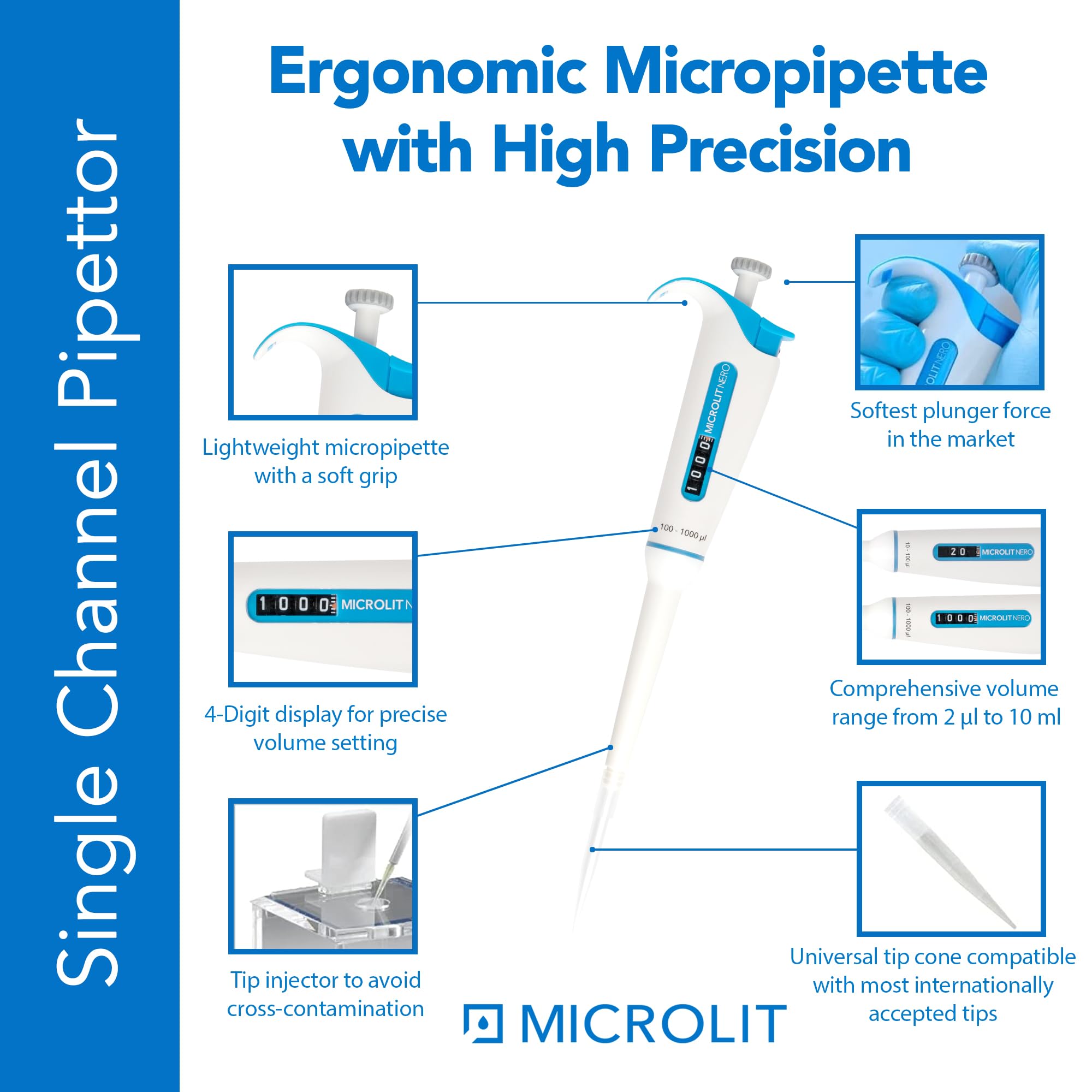 Nero Ergonomic Micropipette - Single Channel Pipettors with Adjustable Volume, Accurate and Calibrated Lab Pipettes, Fully Autoclavable Pipettor, 100-1000ul