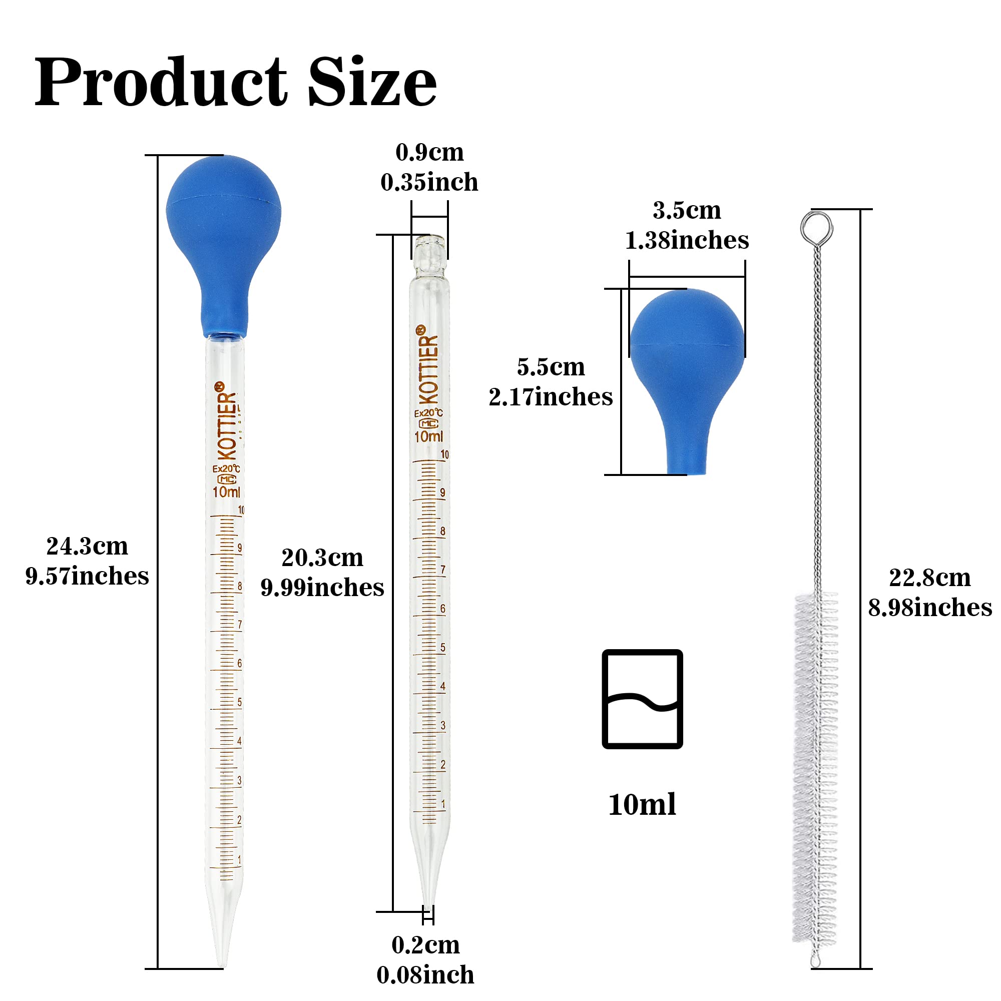 3Pcs Glass Pipettes Dropper, 10ml Graduated Liquid Dropper with Rubber Bulb and Cleaning Brush, Transfer Pipettes for Essential Oil