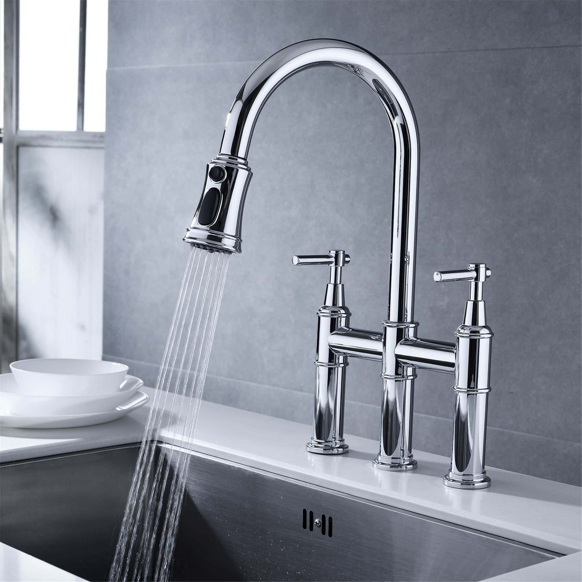 Bridge Kitchen Faucet with Pull-Down Sprayhead Chrome Chrome Finish