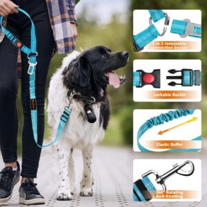 Removable Dog Seat Belt Harness for Car, 3 in 1 Pet Dog Car Seatbelt Leash, Retractable Restraint Secures to Vehicle Headrest & Adjustable Reflective Bungee Dog Seatbelt Tether with Poop Bag