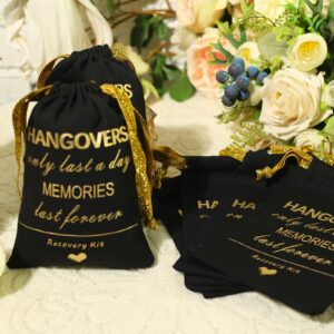 SHERWAY Gold Foil Wedding Bachelorettes Hangover Kit Bags Drawstring Bags, Wedding Bridal Shower Party Favor Bags for Bridesmaid Gift (10pcs, Black, 5 x 7 Inch)