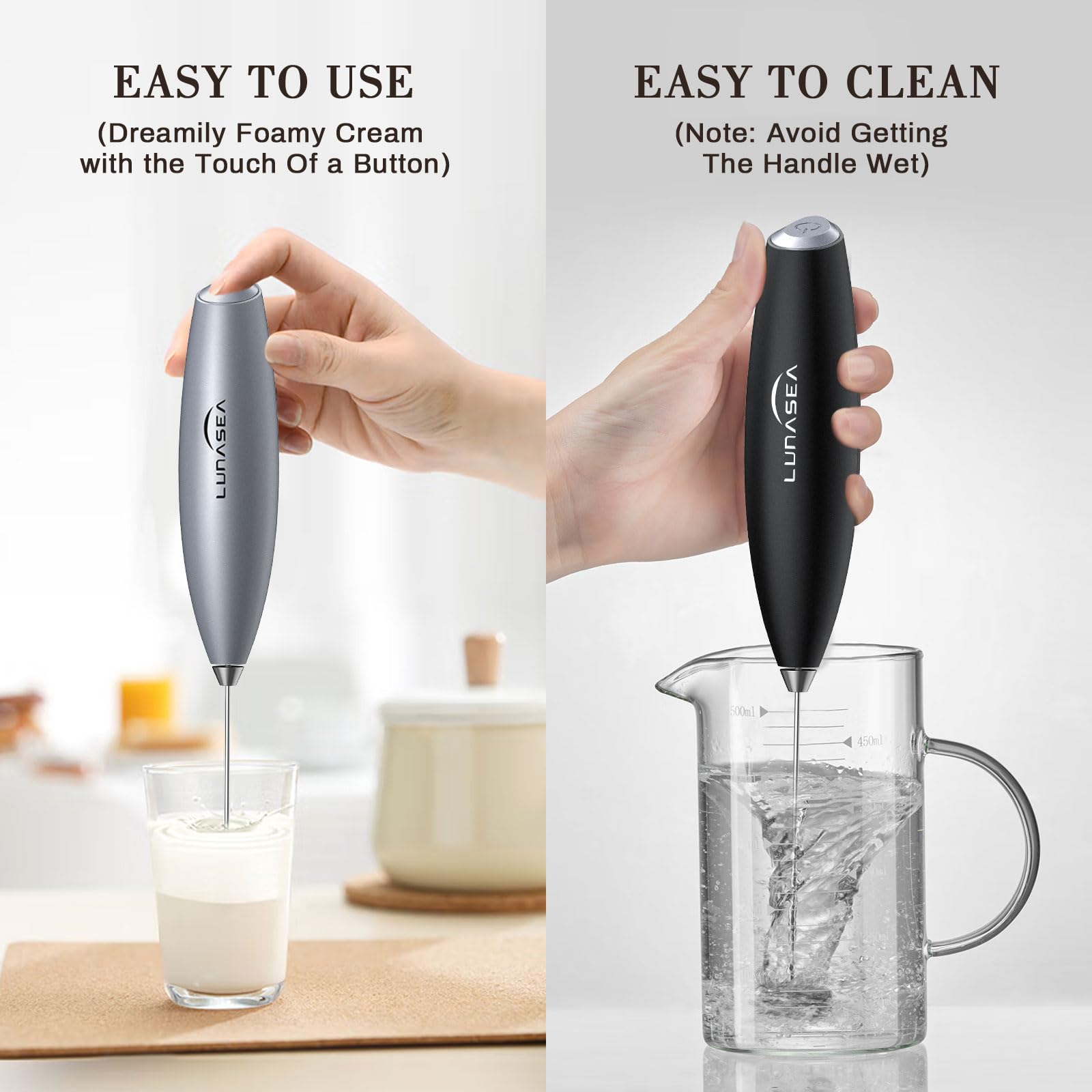 LUNASEA Handheld Milk Frother with Stand, Frother Wand, Electric frother for Coffee Whisk, Hand Mixer Blender Milk Foamer, Drink Mixer, Electric Whisker for Mixing, Latte, Cappuccino, Matcha (Silver)