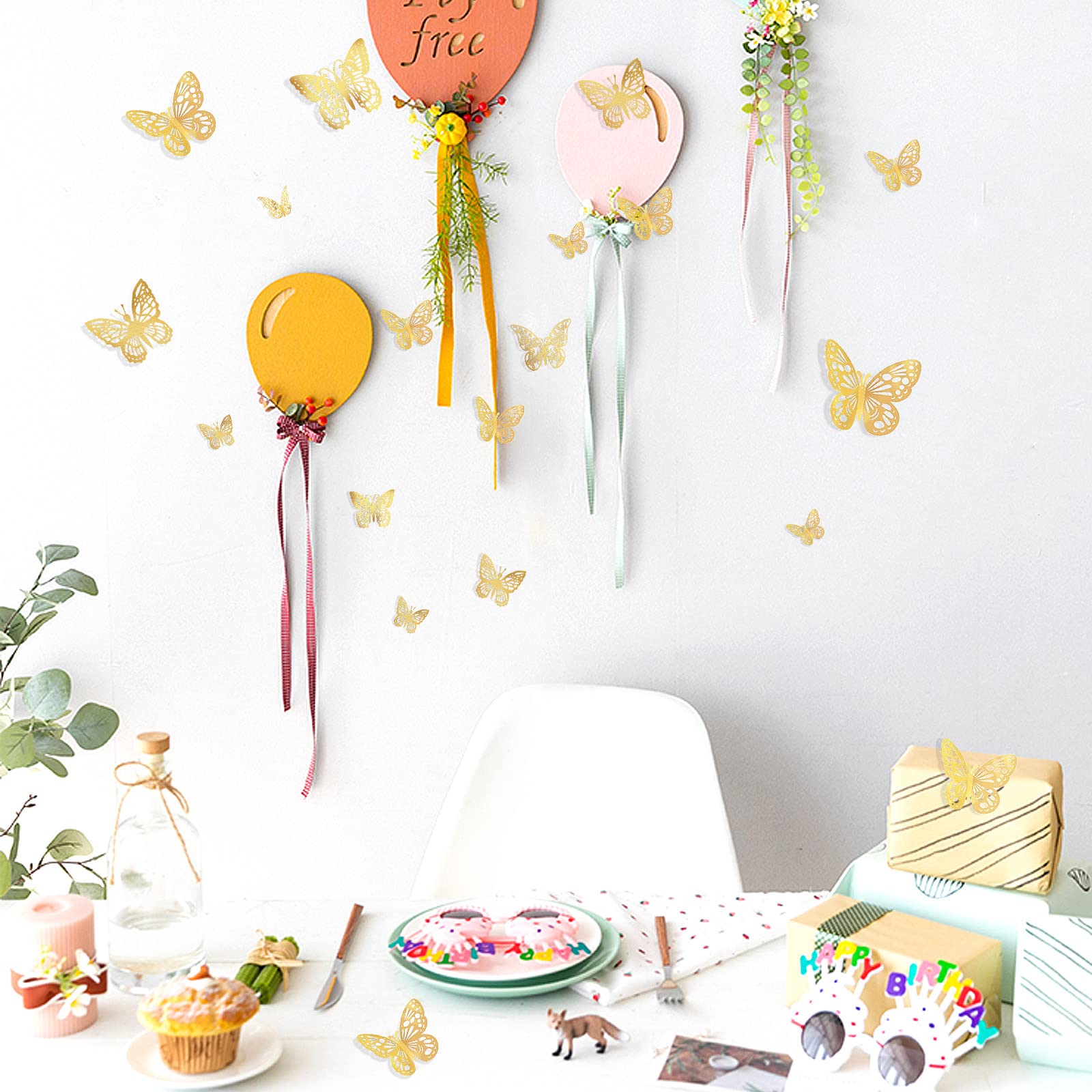 144 Pcs Gold Butterfly Wall Decor, Butterfly Cake Toppers 3D Butterfly Stickers 6 Styles and 3 Sizes, Removable Mural Stickers Decorative Butterflies Metallic Butterfly Decorations for Walls