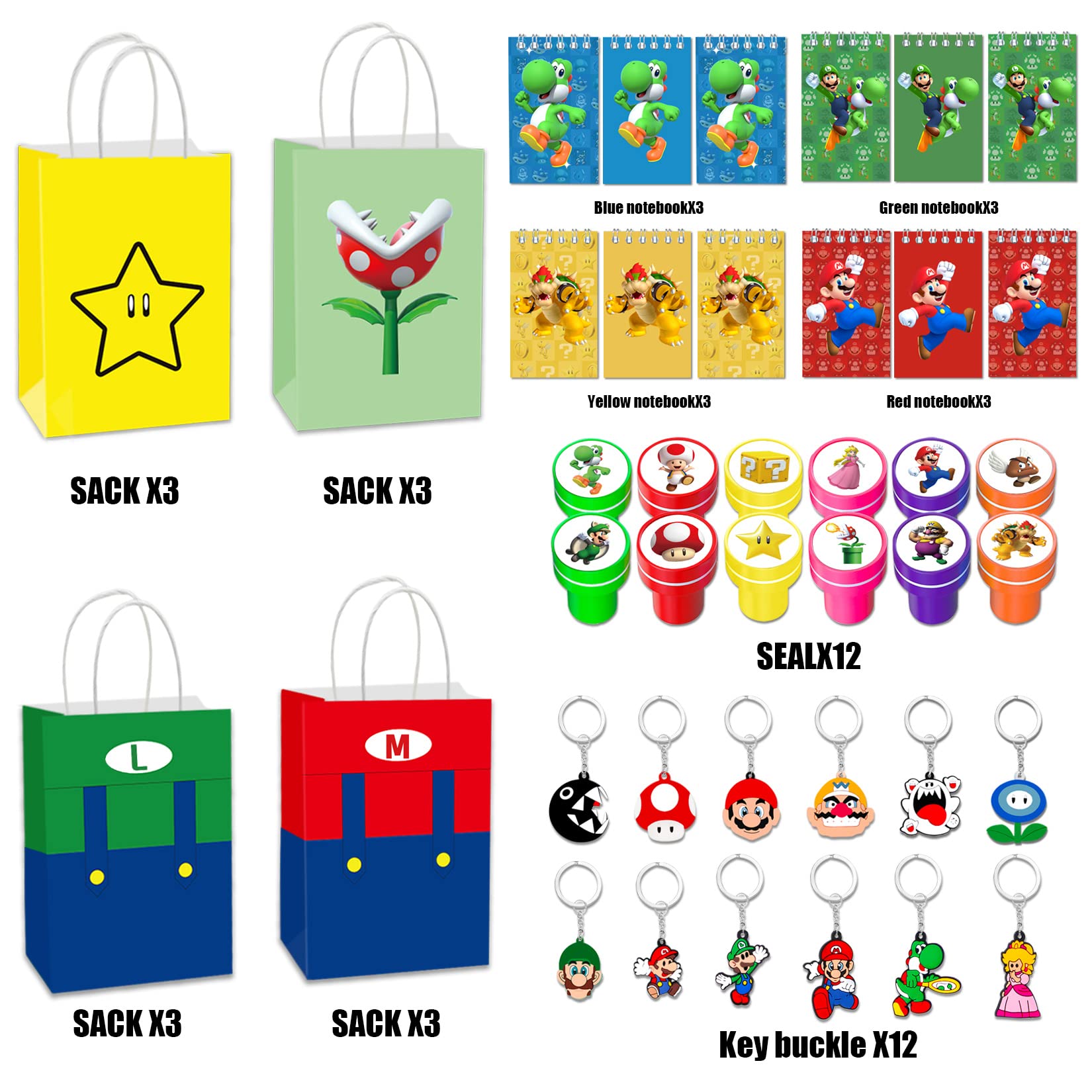 Mario Birthday Party Favors, 98 Pcs Mario Party Decorations Supplies include Mario Gift Bags, Stamps, Mini Notebooks, Keychains, Stickers Best Gift Bag Filler for Themed Party.