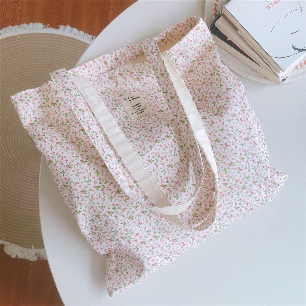 Kehpish Cotton Canvas Tote Bag Reusable Soft Grocery Cloth Bag Floral Shoulder Bag for Beach Travel Shopping