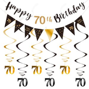 70th birthday decoration kit, happy 70th birthday banner bunting swirls streamers, triangle flag banner for birthday party decorations supplies black and gold 70th