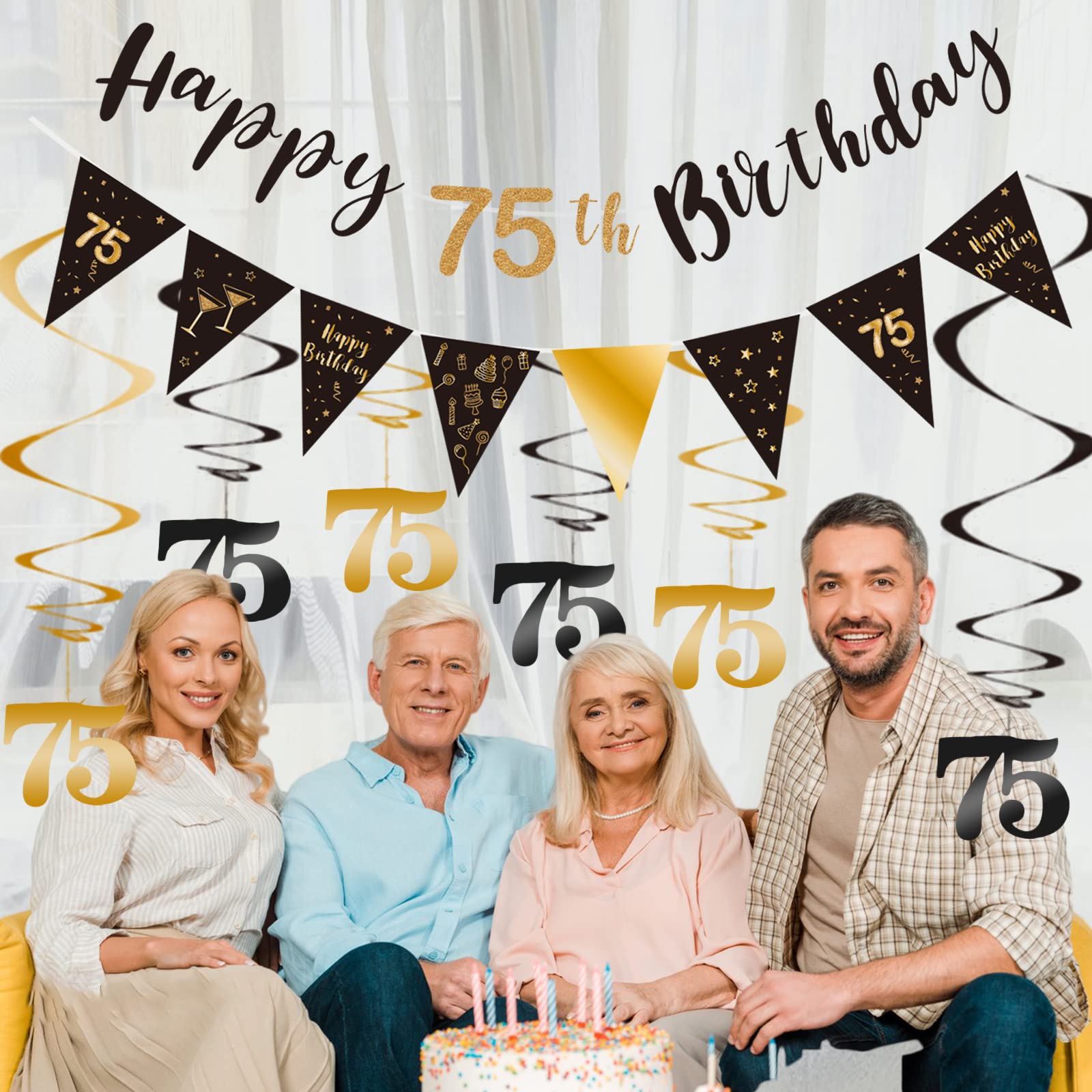 75th Birthday Decoration Kit, Happy 75th Birthday Banner Bunting Swirls Streamers, Triangle Flag Banner for Birthday Party Decorations Supplies Black and Gold 75th