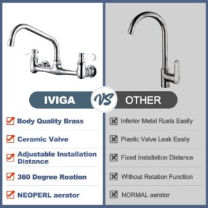 iVIGA Commercial Sink Faucet with 8” Swivel Spout, 8" Center Wall Mount Kitchen Faucet, Dual Handles Brass Utility Sink Faucet for Laundry Room Restaurant Compartment Sink, Polish Chrome