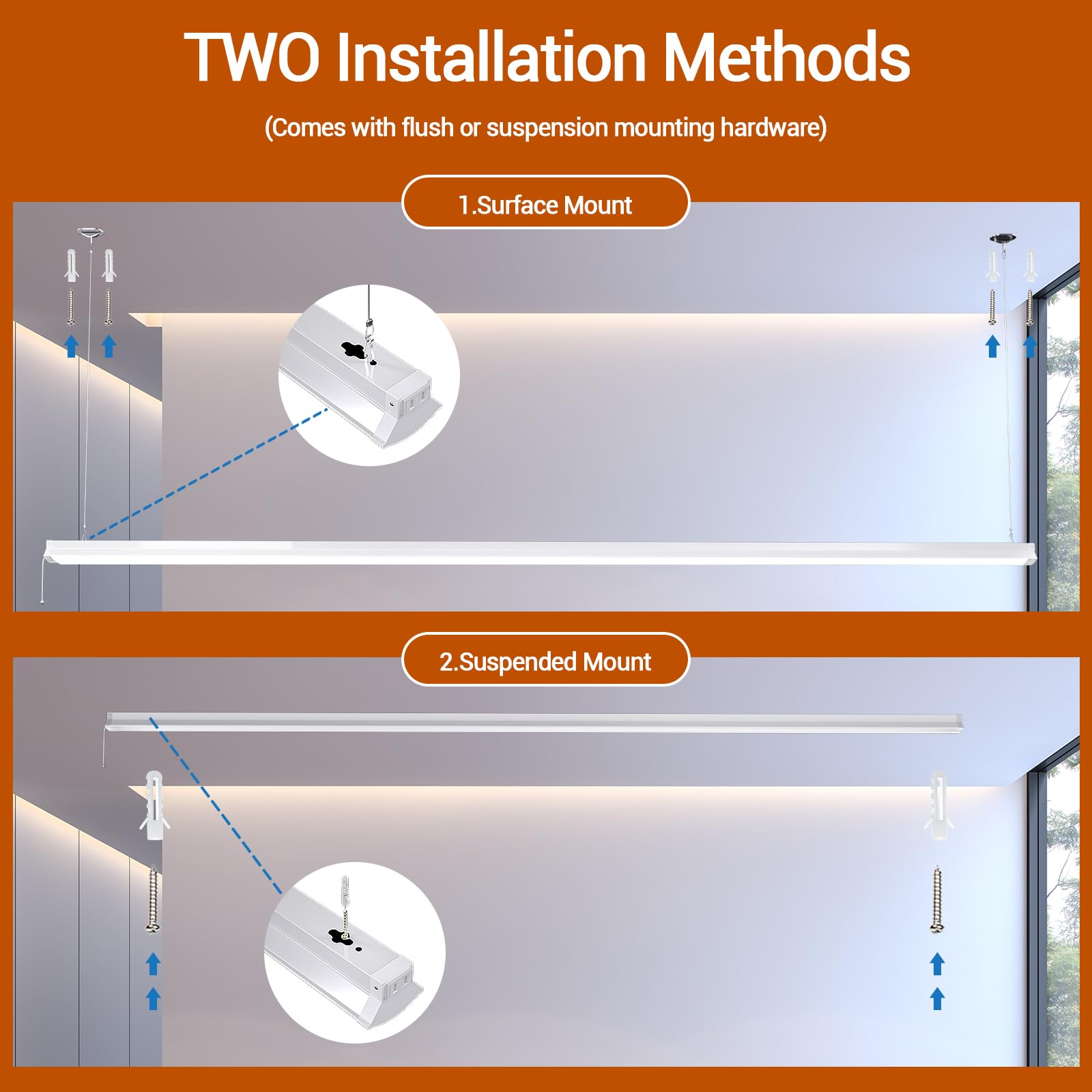 FAITHSAIL Linkable 8FT LED Shop Light, 110W, 12000 LM [Eqv.350W Fluorescent] 5000K, 8 Foot LED Fixture for Garage, Warehouse, Energy Saving Upto 2500KW*5/Y(5Hrs/Day)-Hang & Flush Mount, White, 1 Pack