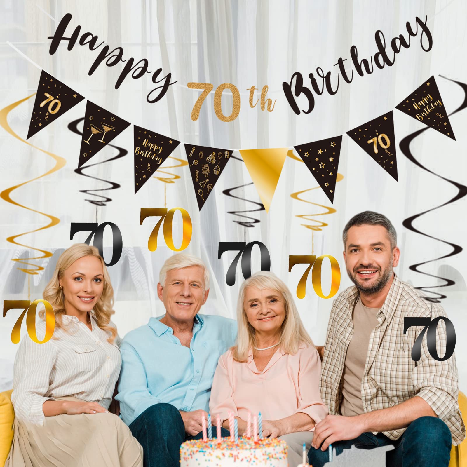 70th Birthday Decoration Kit, Happy 70th Birthday Banner Bunting Swirls Streamers, Triangle Flag Banner for Birthday Party Decorations Supplies Black and Gold 70th