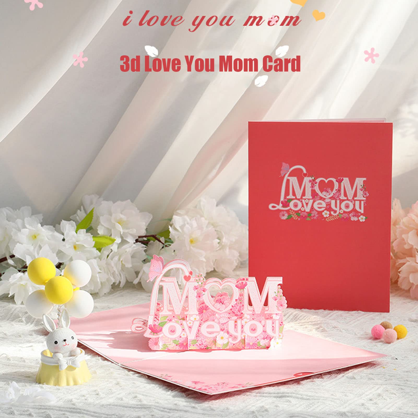 Wazoci Happy Mothers Day Pop Up Card with Envelope, Mother's Day Card for Mom, Happy Birthday Mom Card, 3d Love You Mom Card for Wife, Grandma, Her, Daughter (Pink)