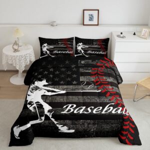 erosebridal boys baseball comforter set vintage american flag bedding full size for adult girls kids ball games sports theme duvet set retro usa flag print quilts grunge stripes star decor bedding