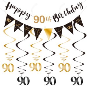 90th birthday decoration kit, happy 90th birthday banner bunting swirls streamers, triangle flag banner for birthday party decorations supplies black and gold 90th