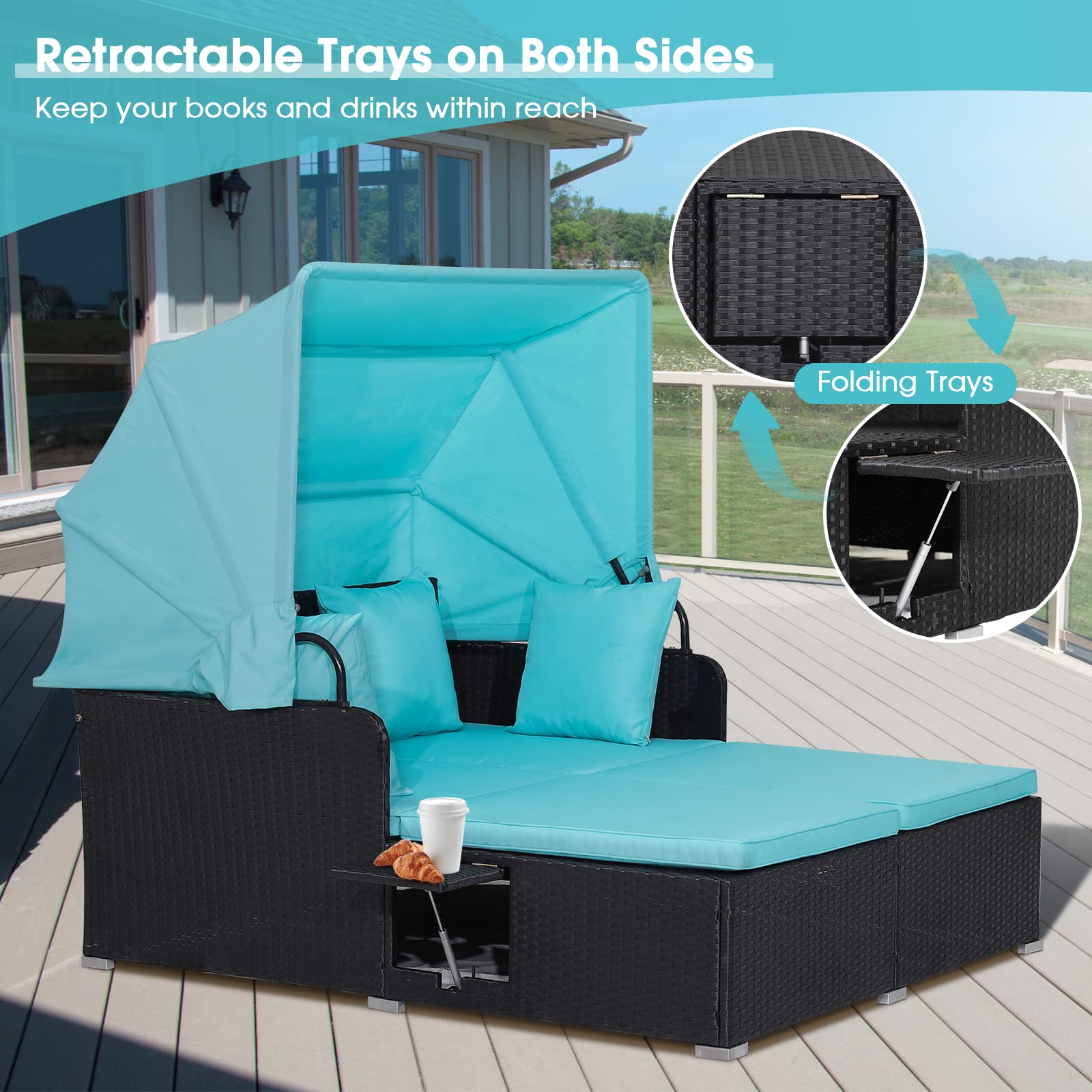 RELAX4LIFE Patio Outdoor Daybed with Canopy, Wicker Sunbed w/Cushions, 4 Pillows & 2 Retractable Side Trays, 2-Person Lounge Bed Conversation for Poolside Porch Garden, Rattan Outdoor Bed (Turquoise)