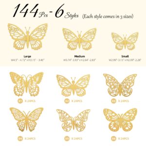 144 Pcs Gold Butterfly Wall Decor, Butterfly Cake Toppers 3D Butterfly Stickers 6 Styles and 3 Sizes, Removable Mural Stickers Decorative Butterflies Metallic Butterfly Decorations for Walls