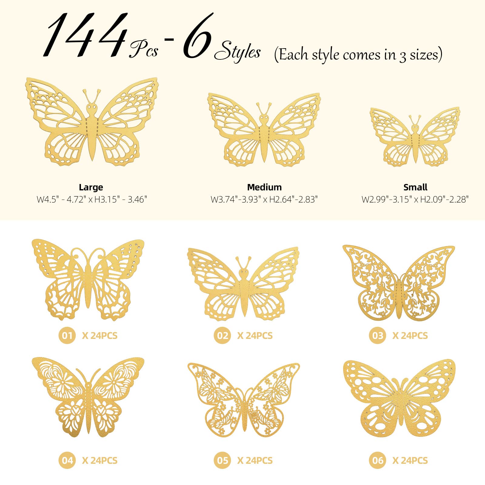 144 Pcs Gold Butterfly Wall Decor, Butterfly Cake Toppers 3D Butterfly Stickers 6 Styles and 3 Sizes, Removable Mural Stickers Decorative Butterflies Metallic Butterfly Decorations for Walls