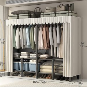 Portable Closet Storage Organizer, Foldable Installation Free Wardrobe Heavy Duty Clothes Freestanding Sturdy Garment Rack with Hanging Rods & Shelves & Dustproof Cover (Sliver, 66 "X 19" X 67 ")