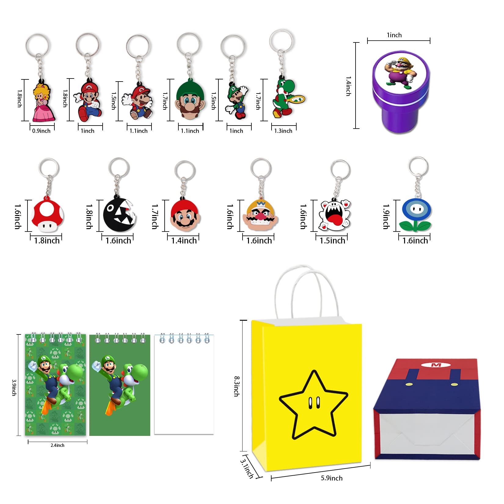 Mario Birthday Party Favors, 98 Pcs Mario Party Decorations Supplies include Mario Gift Bags, Stamps, Mini Notebooks, Keychains, Stickers Best Gift Bag Filler for Themed Party.