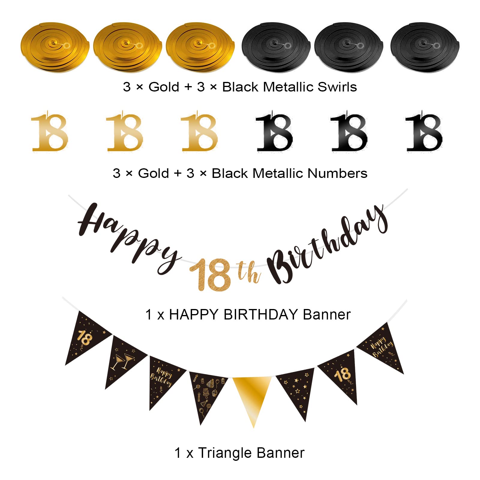 18th Birthday Decoration Kit, Happy 18th Birthday Banner Bunting Swirls Streamers, Triangle Flag Banner for Birthday Party Decorations Supplies Black and Gold 18th