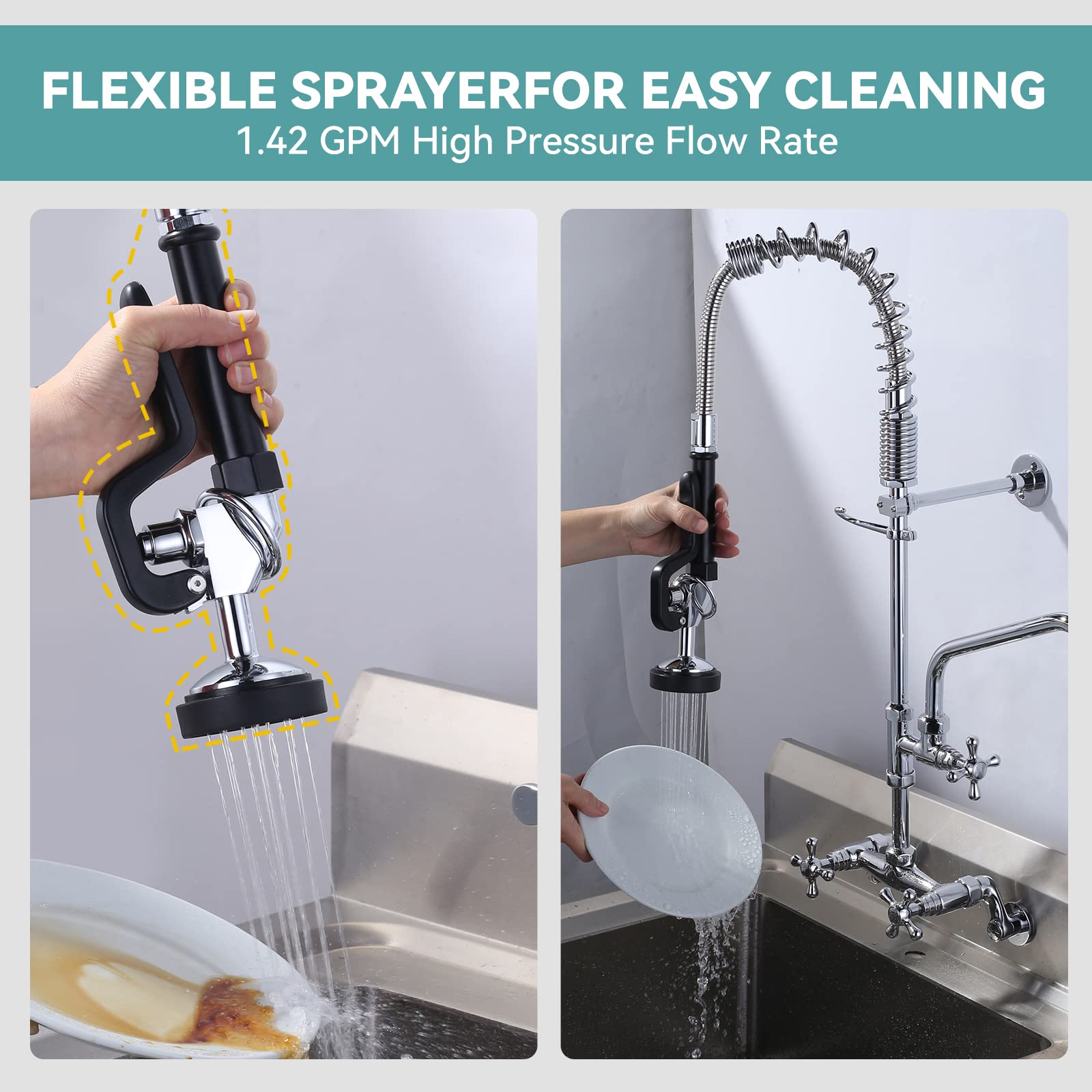 Pre Rinse Sprayer with Black 7/8"-20UNEF Handle Grip Assembly, 1.42 GPM High Pressure Pull Down Spray Head, Handheld Dish Sprayer Nozzle Replacement Part for Commercial Restaurant Kitchen Sink Faucet