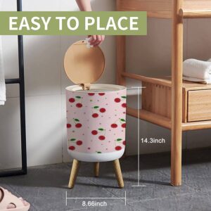 Small Trash Can with Lid for Bathroom Kitchen Office Diaper Seamless red cherries a green leaf Pink dots Summer cherry berries Bedroom Garbage Trash Bin Dog Proof Waste Basket Cute Decorative