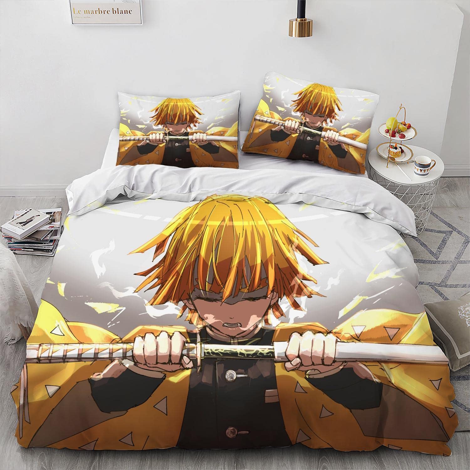 NICHIYOBI Devil Slayer Anime Zenitsu Flash Breathe Duvet Cover Set 3D Bedding Comforter Cover 3 Pcs (1 Duvet Cover+2 Pillowcases) Bedding Set (08,Queen-90x90in+20x30in*2)