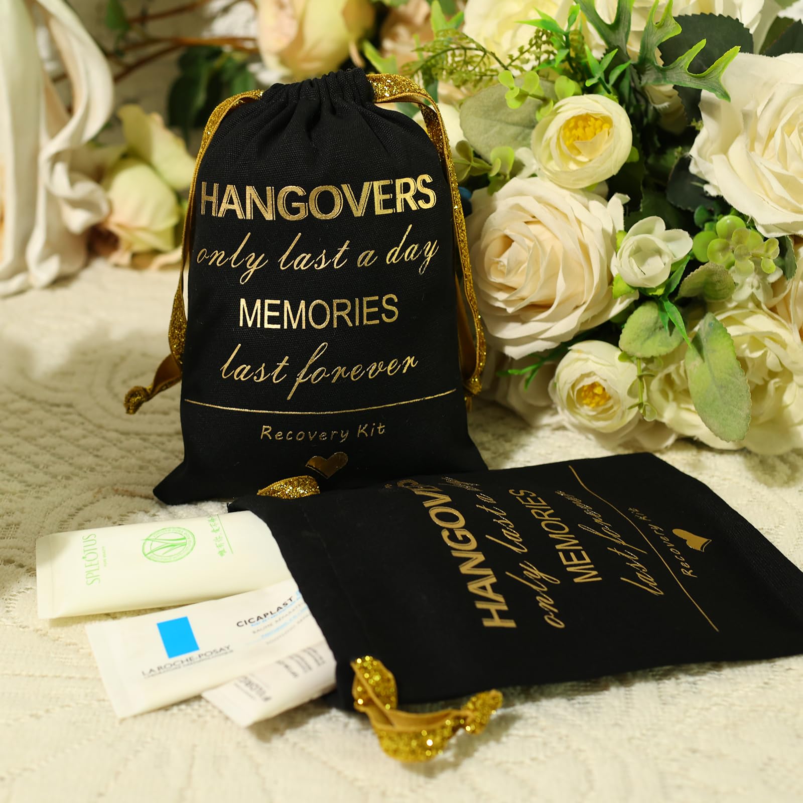 SHERWAY Gold Foil Wedding Bachelorettes Hangover Kit Bags Drawstring Bags, Wedding Bridal Shower Party Favor Bags for Bridesmaid Gift (10pcs, Black, 5 x 7 Inch)