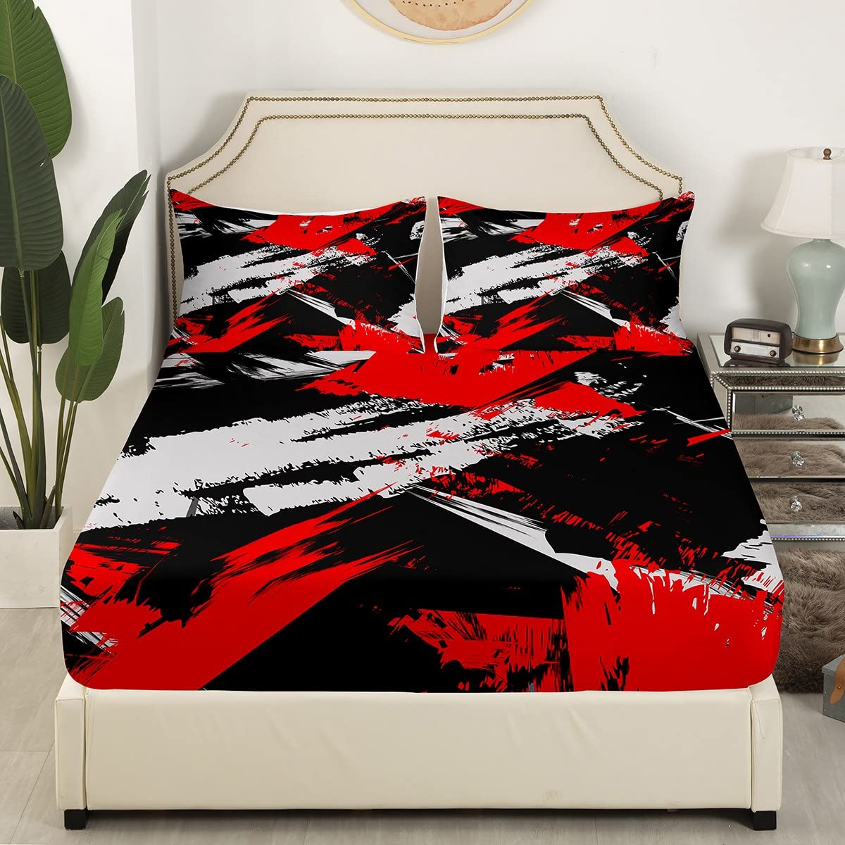 jejeloiu Geometric Abstract Bed Sheets Set Kids Geometry Strip Sheet Set Modern Sheets with Deep Pocket Fitted Sheet for Boys Room Decor Lightweight Retro Art Red Black Grey Bedding Set Full Size