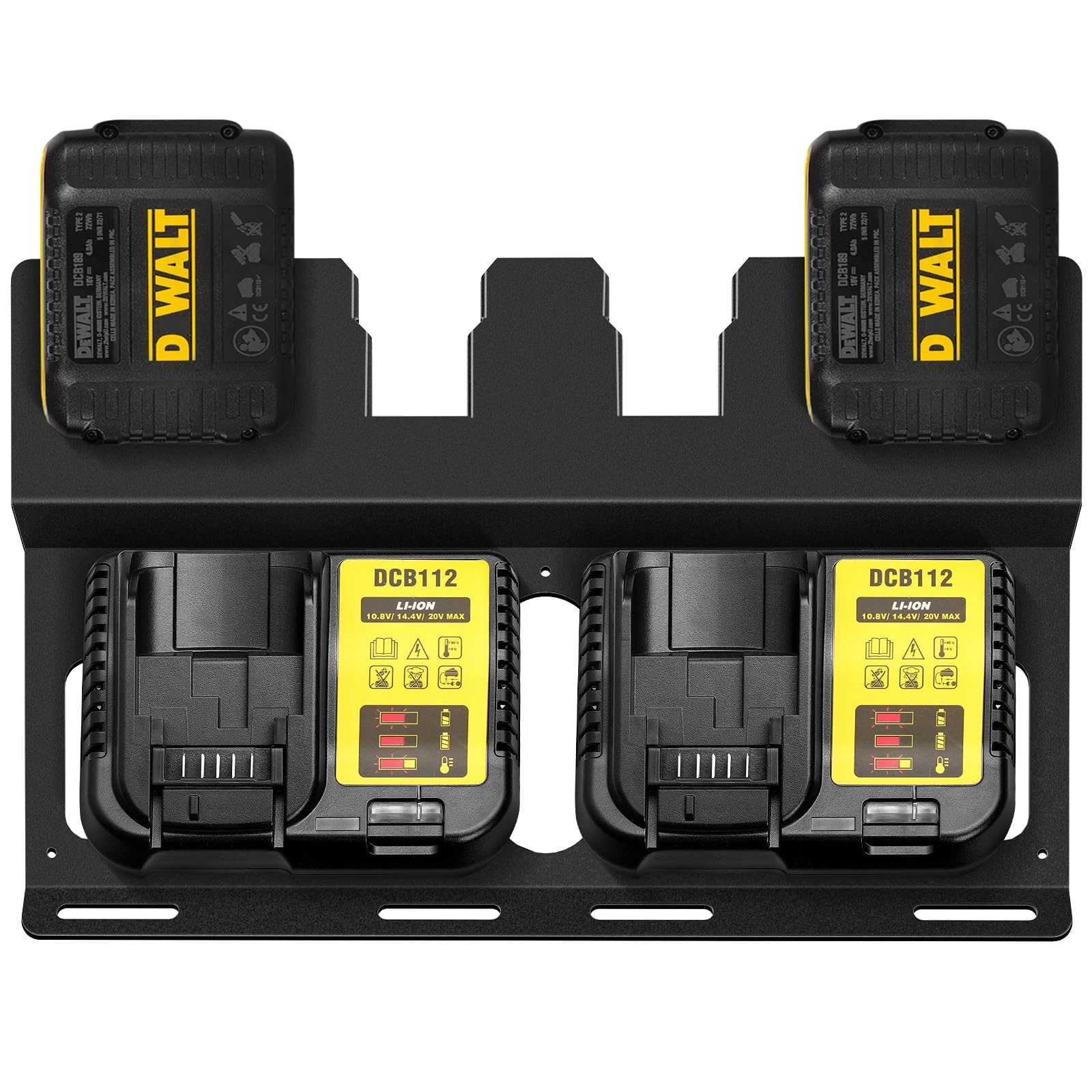 Riuog Wall Mount Bracket for DeWalt Battery and DCB112 Charger, Metal Black Rugged 4 Battery Holder and Charger Holder for Tool Room and Garage