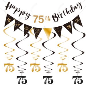 75th birthday decoration kit, happy 75th birthday banner bunting swirls streamers, triangle flag banner for birthday party decorations supplies black and gold 75th