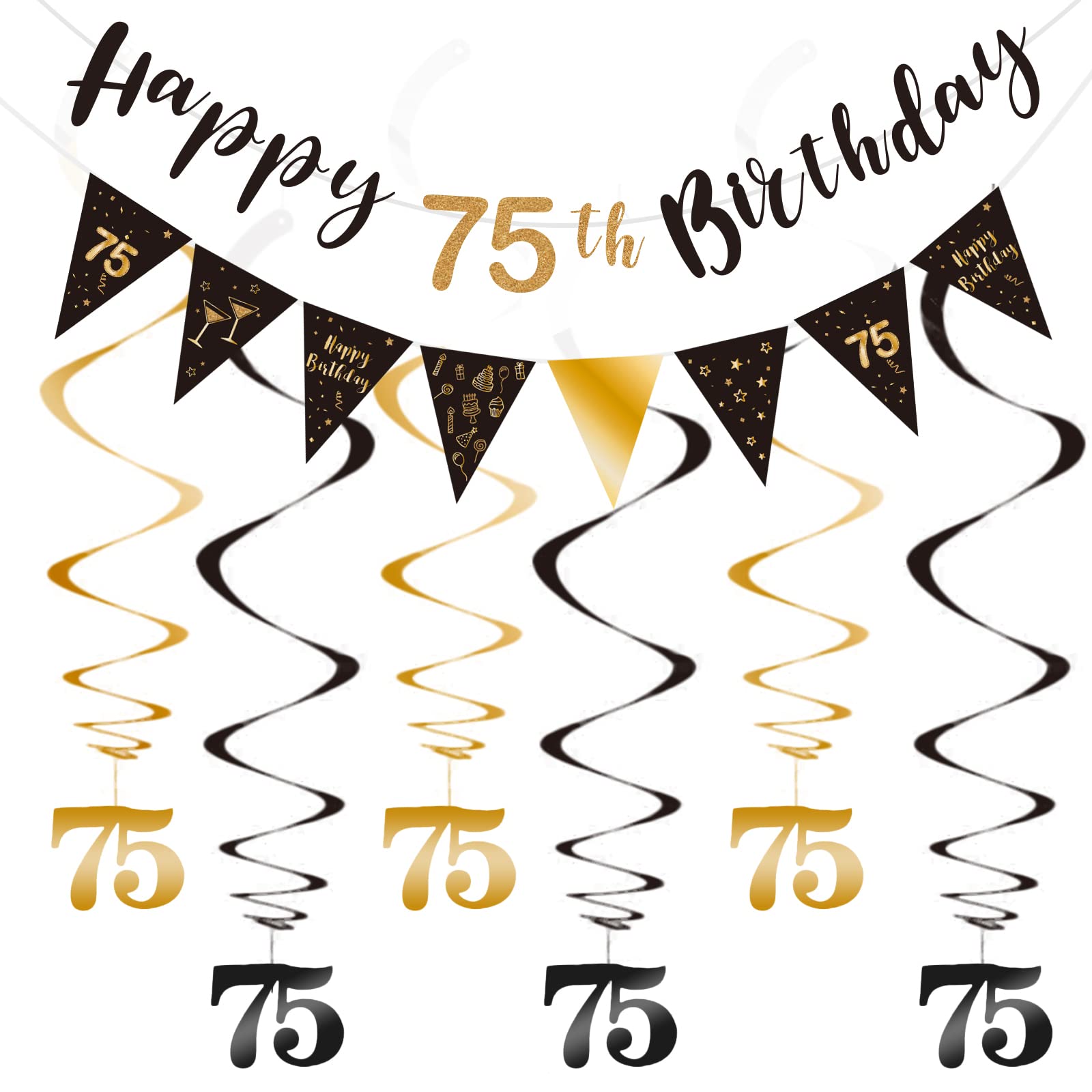 75th Birthday Decoration Kit, Happy 75th Birthday Banner Bunting Swirls Streamers, Triangle Flag Banner for Birthday Party Decorations Supplies Black and Gold 75th