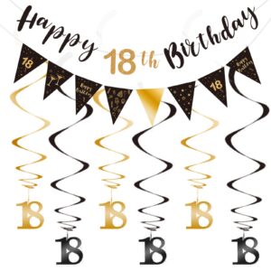 18th birthday decoration kit, happy 18th birthday banner bunting swirls streamers, triangle flag banner for birthday party decorations supplies black and gold 18th