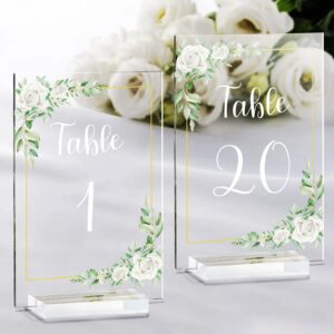 ourwarm white rose acrylic wedding table numbers 1-20, 4x6 inch printed calligraphy table number with stands, clear table number signs and holders, perfect for wedding reception anniversary event