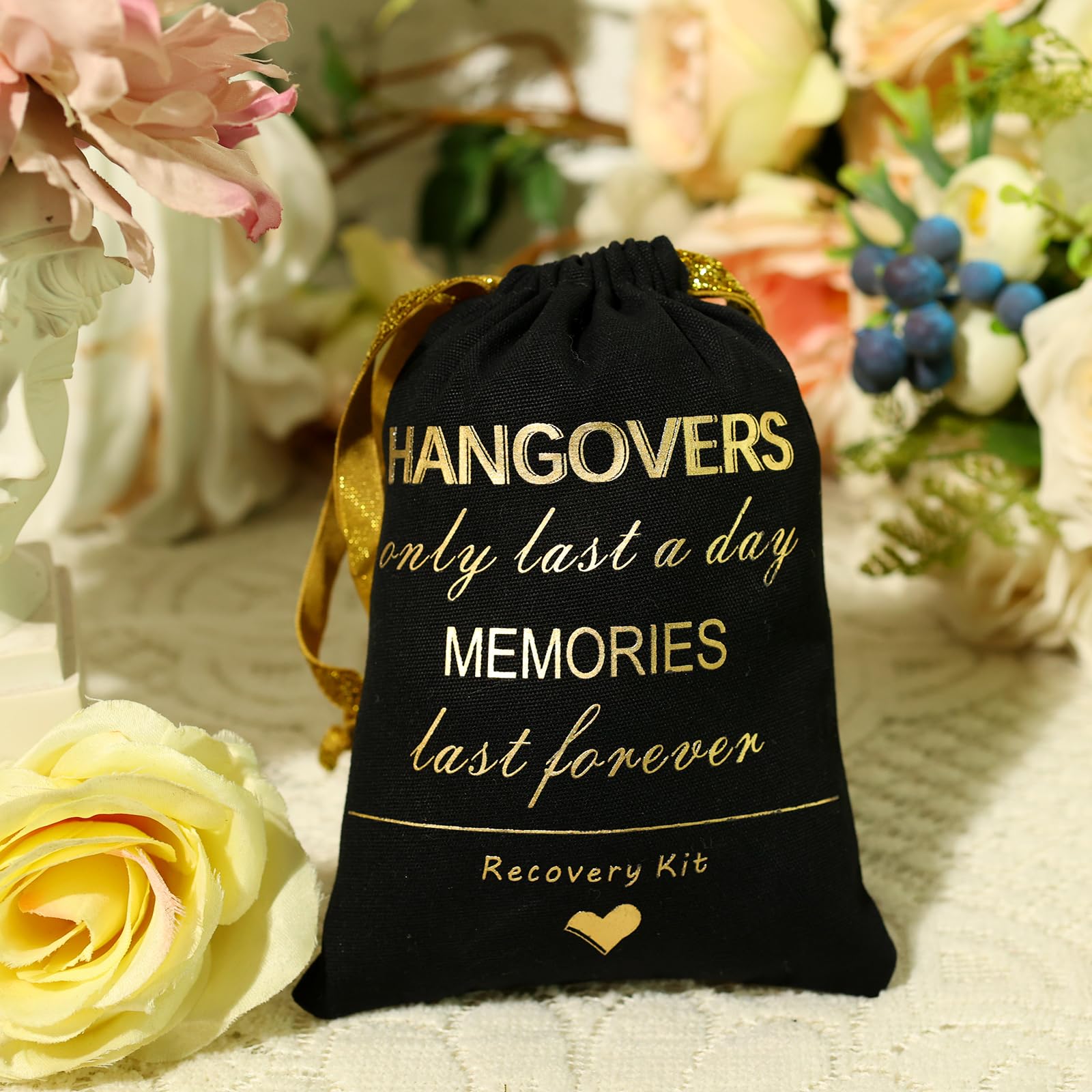 SHERWAY Gold Foil Wedding Bachelorettes Hangover Kit Bags Drawstring Bags, Wedding Bridal Shower Party Favor Bags for Bridesmaid Gift (10pcs, Black, 5 x 7 Inch)