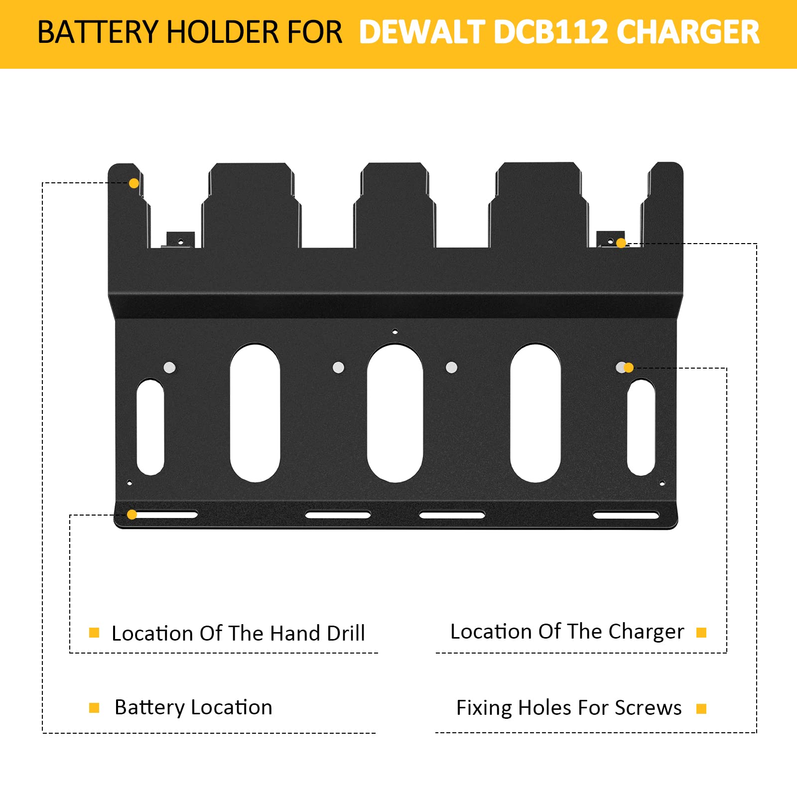 Riuog Wall Mount Bracket for DeWalt Battery and DCB112 Charger, Metal Black Rugged 4 Battery Holder and Charger Holder for Tool Room and Garage